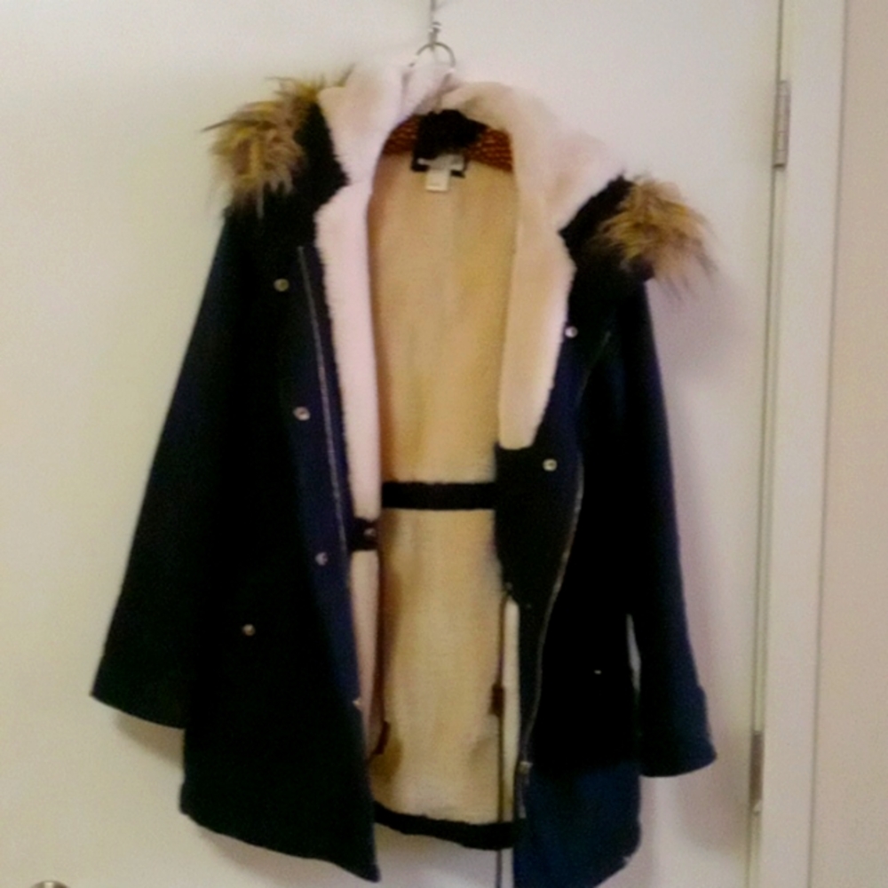 Forever 21 Navy Blue Coat with Fur and Hood